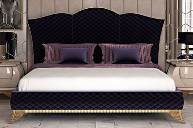 Casa Padrino Luxus Art Deco Doppelbett Lila / Gold - Edles Massivholz Bett mit Kopfte