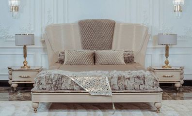 Casa Padrino Luxus Art Deco Schlafzimmer Set Beige / Grau / Gold - 1 Doppelbett mit K