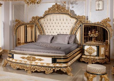 Casa Padrino Luxus Barock Doppelbett Gold / Weiß / Blau / Gold - Prunkvolles Massivho