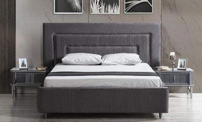 Casa Padrino Luxus Schlafzimmer Set Grau / Silber - 1 Doppelbett mit Kopfteil & 2 Nac