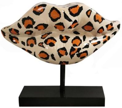 Casa Padrino Designer Deko Skulptur Leopard Lippen Mund mit Ständer Mehrfarbig / Schw