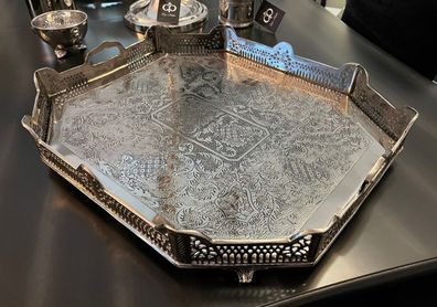 Casa Padrino Luxus Art Deco Messing Tablett Nickel Finish 52 x 42 x H. 8 cm - Limited