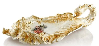 Casa Padrino Barock Serviertablett Schwan mit Blumen Gold / Weiß / Mehrfarbig 54 x 30