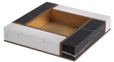Casa Padrino Luxus Marmor Serviertablett Schwarz / Weiß / Antik Messingfarben 20 x 20