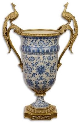 Casa Padrino Barock Deko Vase Creme / Blau / Gold 40 x 24 x H. 60,3 cm - Prunkvolle P