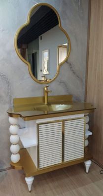 Casa Padrino Barock Badezimmer Set Weiß / Gold - 1 Waschtisch mit Glas Waschbecken