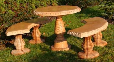 Casa Padrino Stein Gartenmöbel Set Beige - 1 Runder Gartentisch & 2 Gebogene Gartenbä