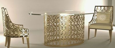Casa Padrino Luxus Gartenmöbel Set Creme / Gold - 1 ovaler Esstisch mit Glasplatte
