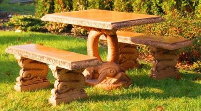 Casa Padrino Stein Gartenmöbel Set Fisch Beige - 1 Orientalischer Gartentisch & 2 Ori