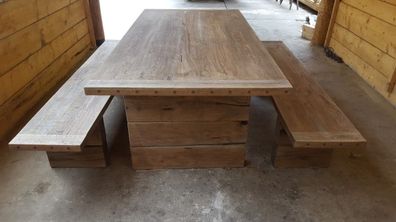 Casa Padrino Gartenmöbel Set Rustikal - Tisch + 2 Garten Bänke (Länge 200 cm) - Eiche