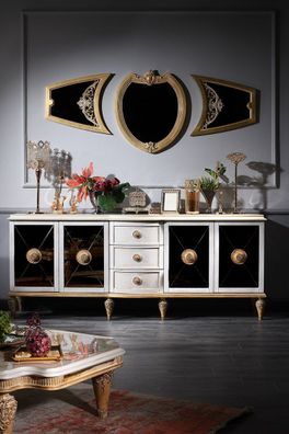 Casa Padrino Luxus Barock Wohnzimmer Set Weiß / Gold - Barock Kommode und 3 Wandspieg