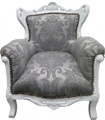 Casa Padrino Barock Kinder Sessel Grau Barock Muster / Weiss - Barock Möbel - Limited