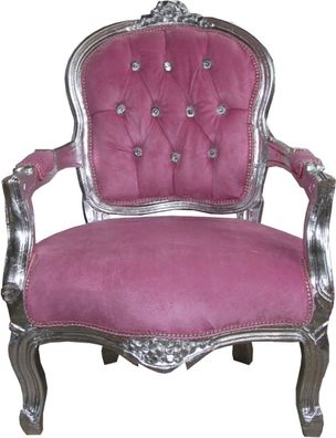 Casa Padrino Barock Kinder Stuhl Rosa / Silber mit Bling Bling Glitzersteinen - Kinde