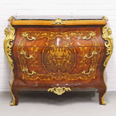 Casa Padrino Barockstil Kommode mit 3 Schubladen und Marmorplatte in braun / gold / s