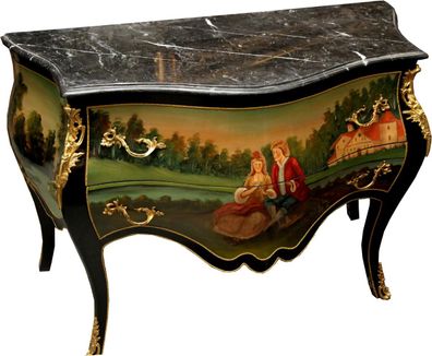 Casa Padrino Barock Kommode Schwarz mit handbemaltem Motiv / Gold 130 cm Metallapplik