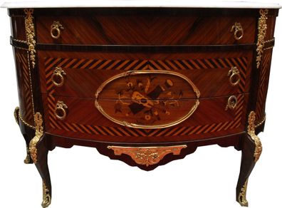 Französische Antik Stil Kommode Intarsien Braun mit weißer Marmorplatte - Barock Möbe