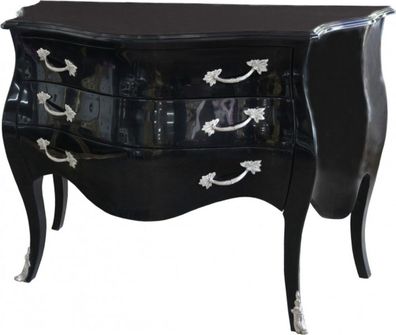 Casa Padrino Barock Kommode Schwarz Hochglanz 122 cm mit silbernen Metallapplikatione
