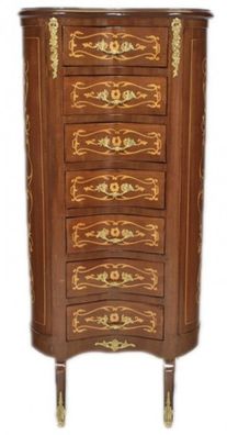 Casa Padrino Barock Kommode Mahagoni Intarsien / Gold mit 7 Schubladen Oval - Antik S