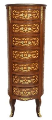 Casa Padrino Barock Kommode Mahagoni Intarsien / Gold mit 7 Schubladen Rund - Antik S