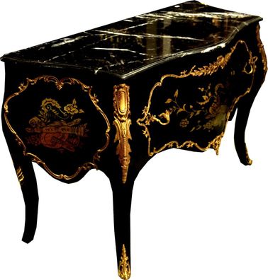 Casa Padrino Barock Kommode Schwarz / Gold 130 cm mit Metallapplikationen und Marmorp