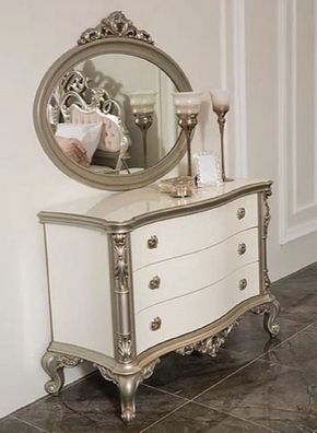 Casa Padrino Luxus Barock Schlafzimmer Kommode mit elegantem Wandspiegel Weiß / Silbe