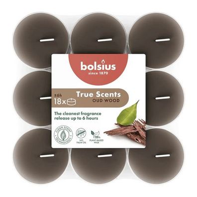 Duft-Teelichter, Oud Wood, True Scents, Bolsius, Ø39 mm, Brenndauer ca. 6h, 18 Stück