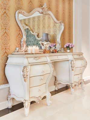 Casa Padrino Luxus Barock Schlafzimmer Set Weiß / Creme / Gold - 1 Schminkkommode & 1
