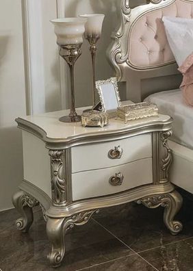 Casa Padrino Luxus Barock Nachtkommode Weiß / Silber - Handgefertigter Massivholz Nac