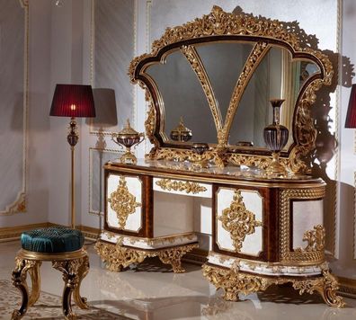 Casa Padrino Luxus Barock Schlafzimmer Set Weiß / Braun / Gold - 1 Barock Schminkkomm
