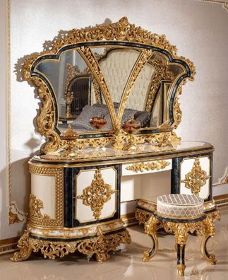 Casa Padrino Luxus Barock Schlafzimmer Set Weiß / Blau / Gold - 1 Barock Schminkkommo