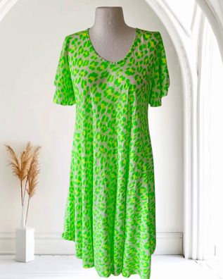 LA BASS 38 40 42 Sommerkleid Midikleid kurzarm A-Linie Neon Grün/Gelb Animalprint