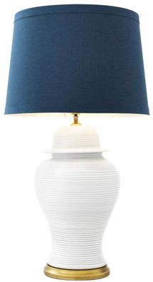 Casa Padrino Luxus Porzellan Tischleuchte Weiß / Antik Messing / Blau Ø 50 x H. 88 cm
