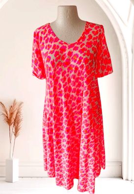 LA BASS 38 40 42 Sommerkleid Midikleid kurzarm A-Linie Neon Pink/Orange Animalprint