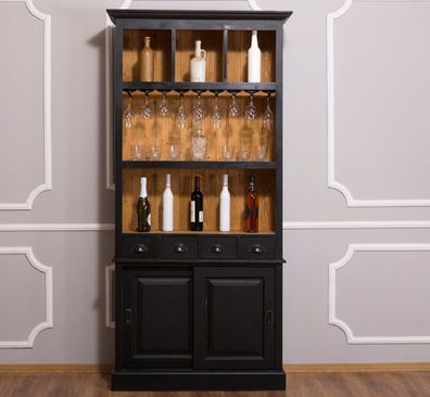 Casa Padrino Landhausstil Weinschrank Schwarz / Naturfarben 103 x 36 x H. 210 cm - Ba