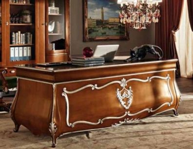 Casa Padrino Luxus Barock Schreibtisch Braun / Silber - Edler Massivholz Bürotisch