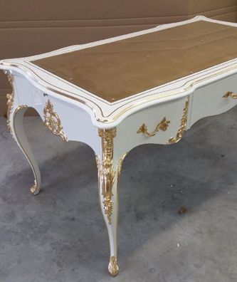 Casa Padrino Luxus Barock Schreibtisch Weiß / Gold - Prunkvoller handgefertigter Mass