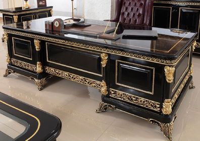 Casa Padrino Luxus Barock Schreibtisch Schwarz / Gold - Prunkvoller Massivholz Büroti