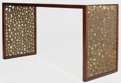 Casa Padrino Designer Schreibtisch mit Glasplatte Braun / Bronze / Gold 140 x 55 x H