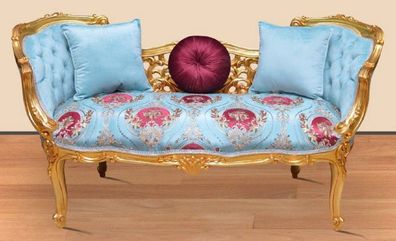 Casa Padrino Barock Sitzbank Hellblau / Mehrfarbig / Gold 150 x 55 x H. 80 cm - Prunk
