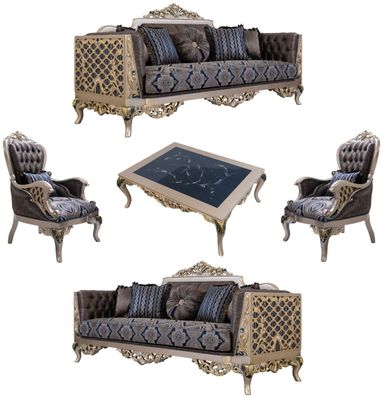 Casa Padrino Luxus Barock Wohnzimmer Set Blau / Silber / Gold - 2 Sofas & 2 Sessel
