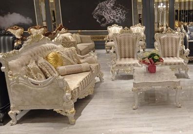 Casa Padrino Luxus Barock Wohnzimmer Set Grau / Gold - 2 Barock Sofas mit Muster & 2