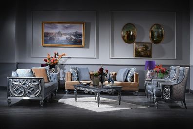 Casa Padrino Luxus Barock Wohnzimmer Set Blau / Beige / Silber - 2 Sofas & 2 Sessel