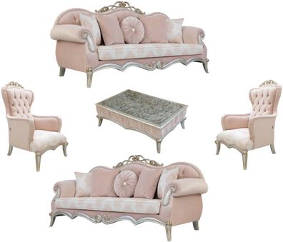Casa Padrino Luxus Barock Wohnzimmer Set Rosa / Silber / Gold - 2 Sofas mit Kissen