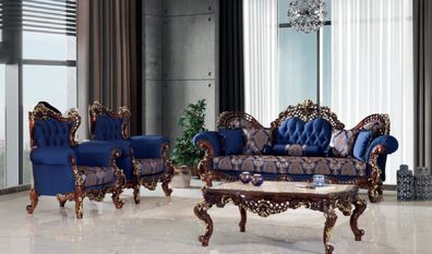 Casa Padrino Luxus Barock Wohnzimmer Set Blau / Dunkelbraun / Gold - 2 Sofas & 2 Sess
