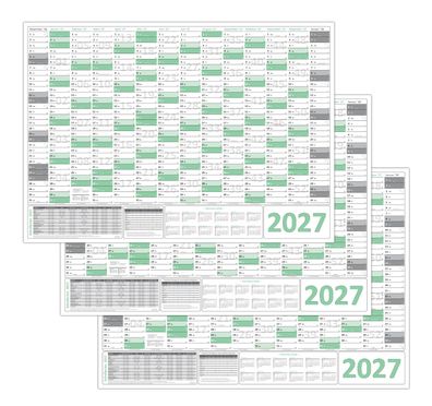 3 Stück Green Wandkalender Wandplaner 2027 (gerollt) DIN A1 Format 594 x 841 mm