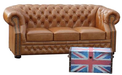Casa Padrino Luxus Echtleder 3er Sofa Hellbraun 210 x 90 x H. 80 cm - Chesterfield So