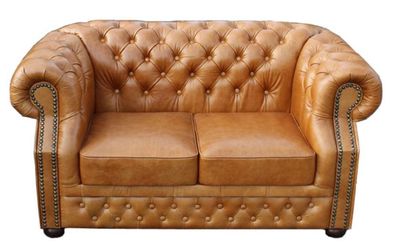 Casa Padrino Luxus Echtleder 2er Sofa Hellbraun 180 x 90 x H. 80 cm - Chesterfield Mö