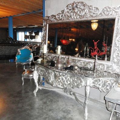 Riesige Casa Padrino Barock Spiegelkonsole Silber mit schwarzer Marmorplatte - Luxus