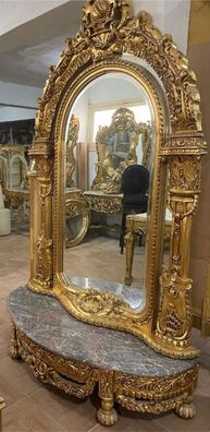 Casa Padrino Barock Spiegelkonsole mit Marmorplatte Gold / Grau - Handgefertigte Baro