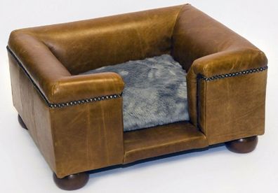 Casa Padrino Luxus Leder Hundebett Vintage Braun / Dunkelbraun / Grau 65 x 55 x H. 31
